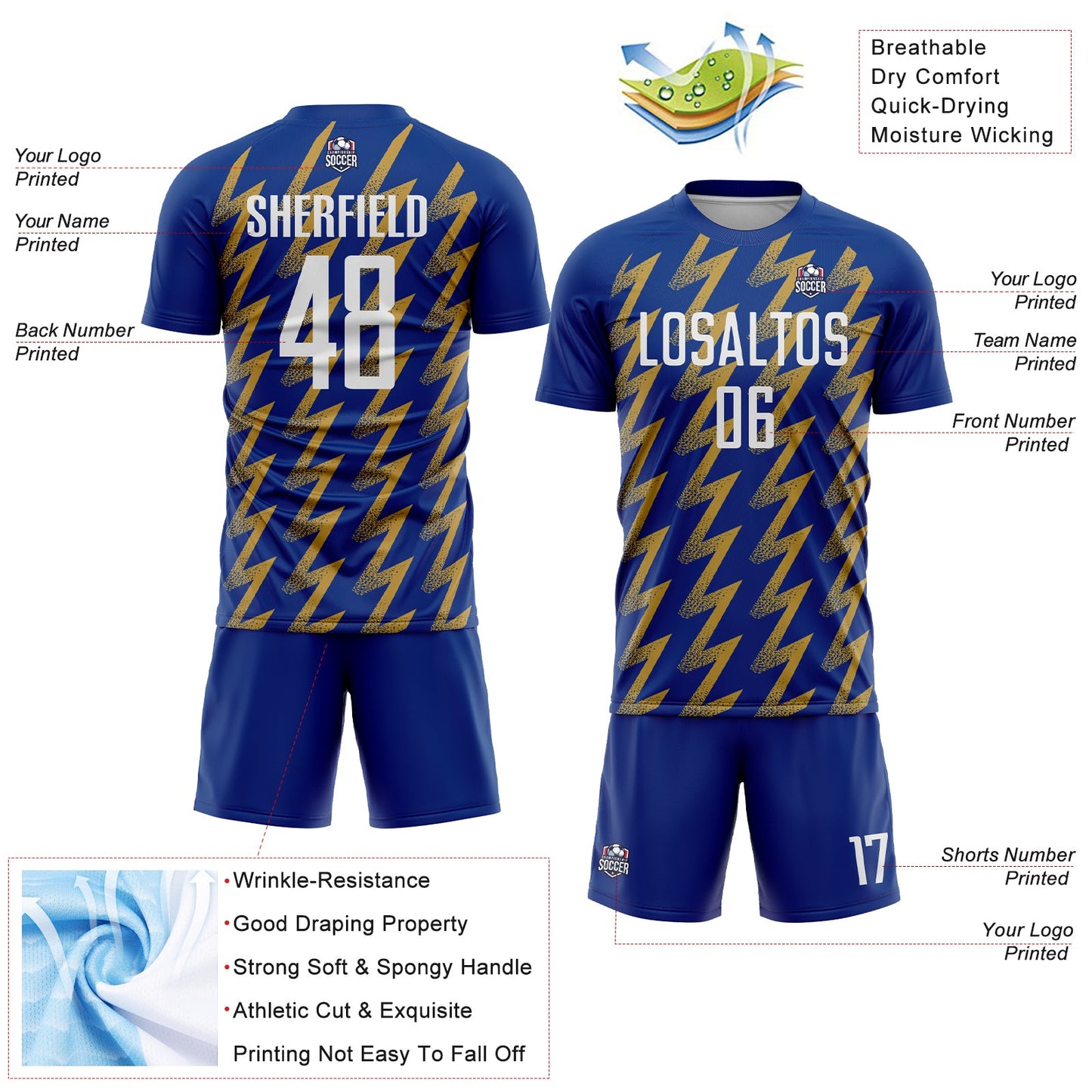 Custom Royal White-Old Gold Zigzag Shape Sublimation Soccer Uniform Jersey view 4