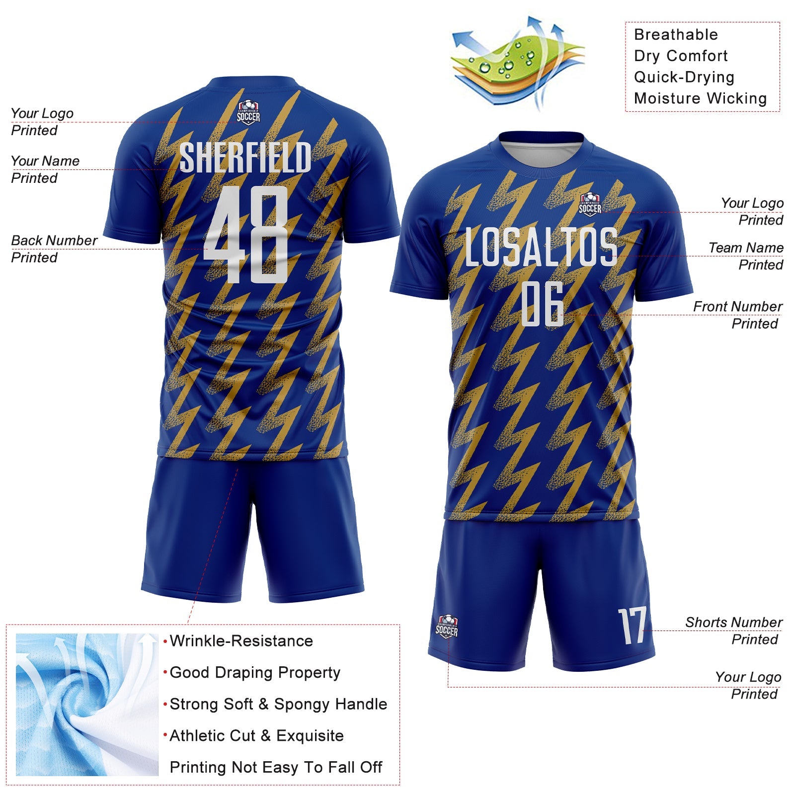 Custom Royal White-Old Gold Zigzag Shape Sublimation Soccer Uniform Jersey view 4