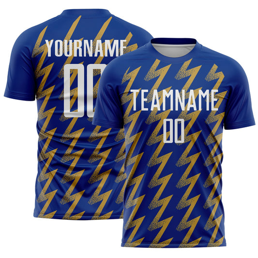 Custom Royal White-Old Gold Zigzag Shape Sublimation Soccer Uniform Jersey - Main View