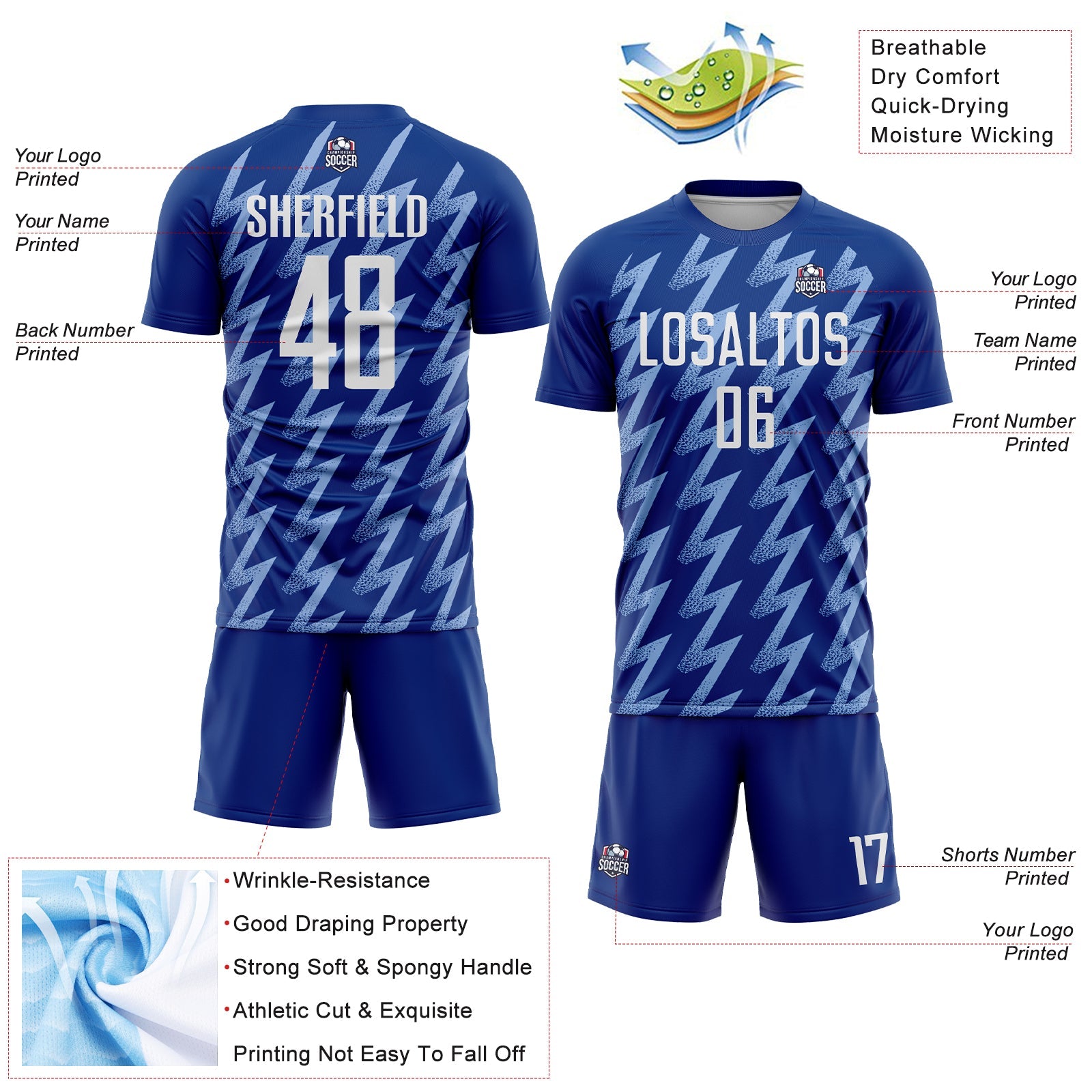 Custom Royal White-Light Blue Zigzag Shape Sublimation Soccer Uniform Jersey view 4