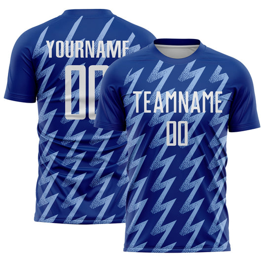 Custom Royal White-Light Blue Zigzag Shape Sublimation Soccer Uniform Jersey - Main View