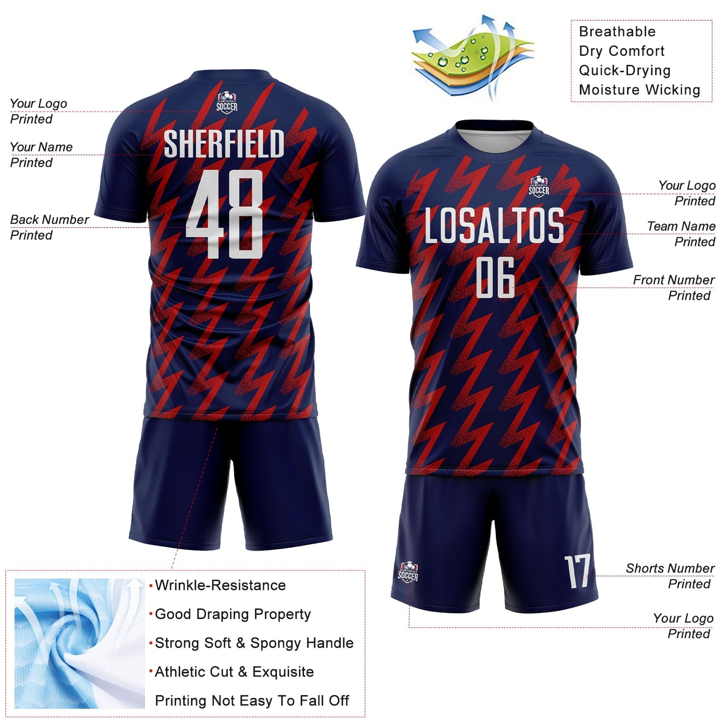 Custom Navy White-Red Zigzag Shape Sublimation Soccer Uniform Jersey view 4