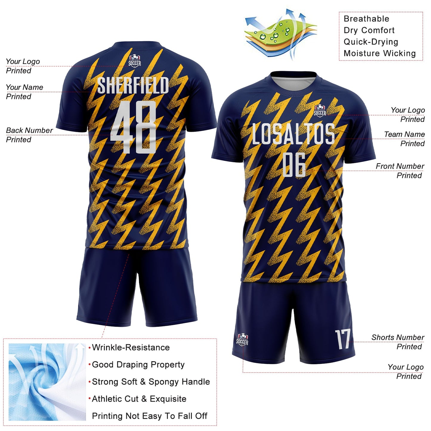 Custom Navy White-Gold Zigzag Shape Sublimation Soccer Uniform Jersey view 4