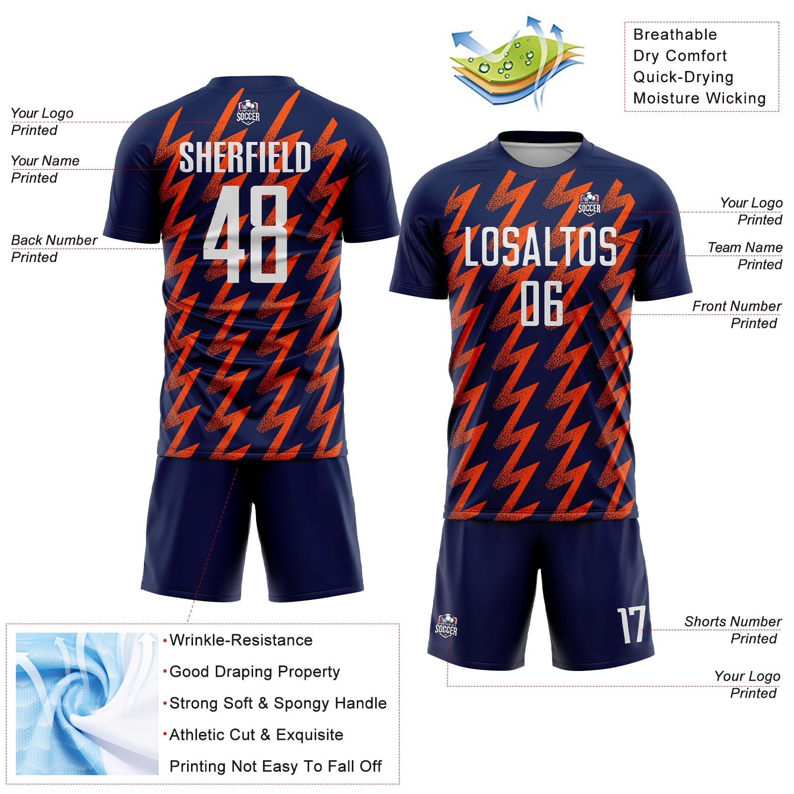 Custom Navy White-Orange Zigzag Shape Sublimation Soccer Uniform Jersey view 4