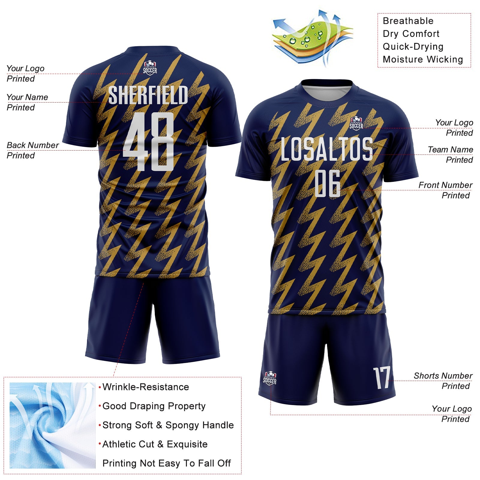 Custom Navy White-Old Gold Zigzag Shape Sublimation Soccer Uniform Jersey view 4