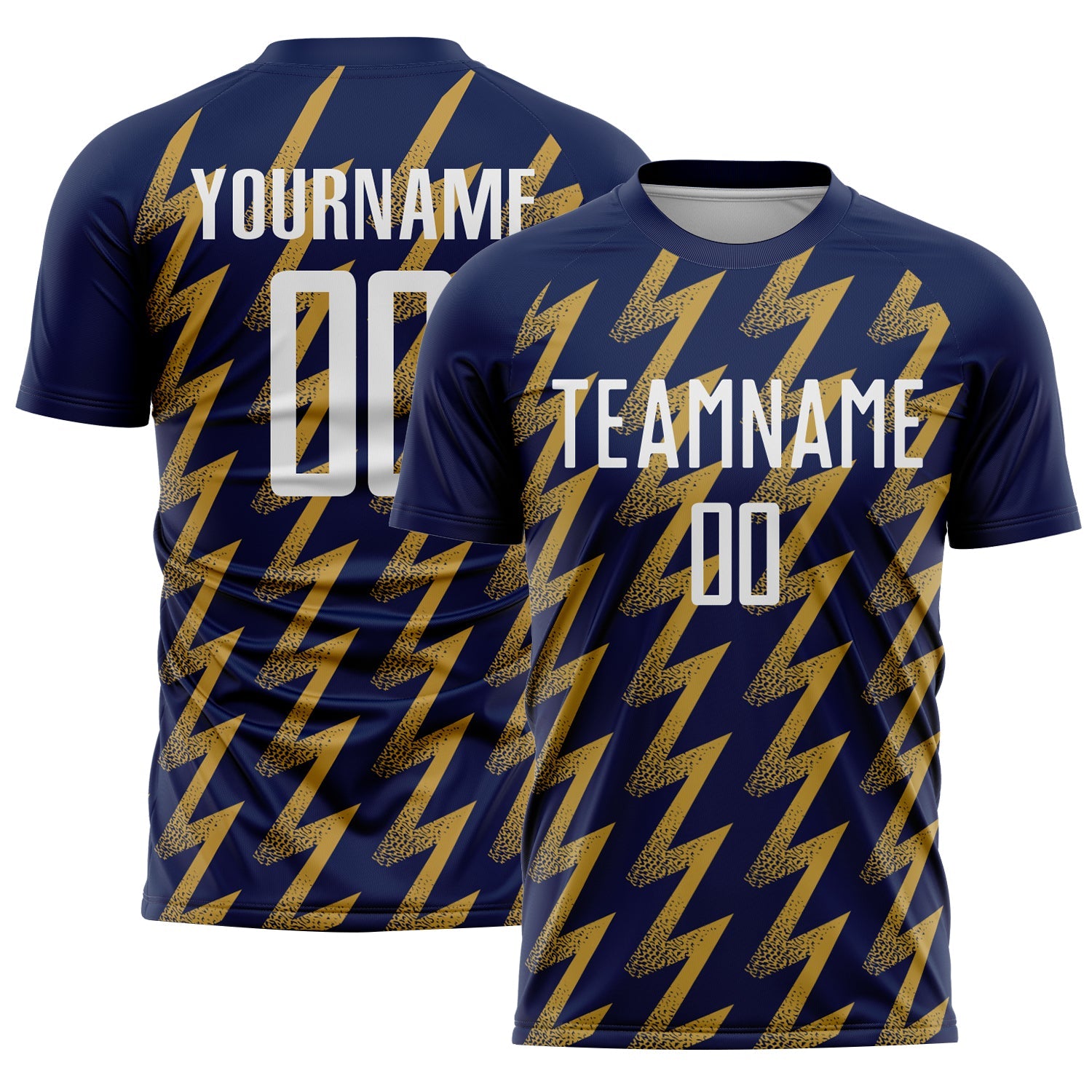 Custom Navy White-Old Gold Zigzag Shape Sublimation Soccer Uniform Jersey - Main View