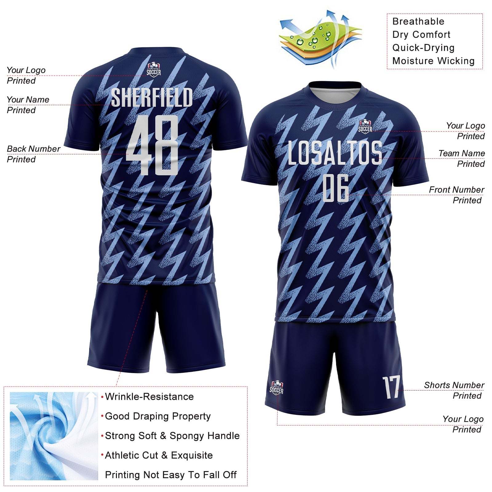 Custom Navy White-Light Blue Zigzag Shape Sublimation Soccer Uniform Jersey view 4