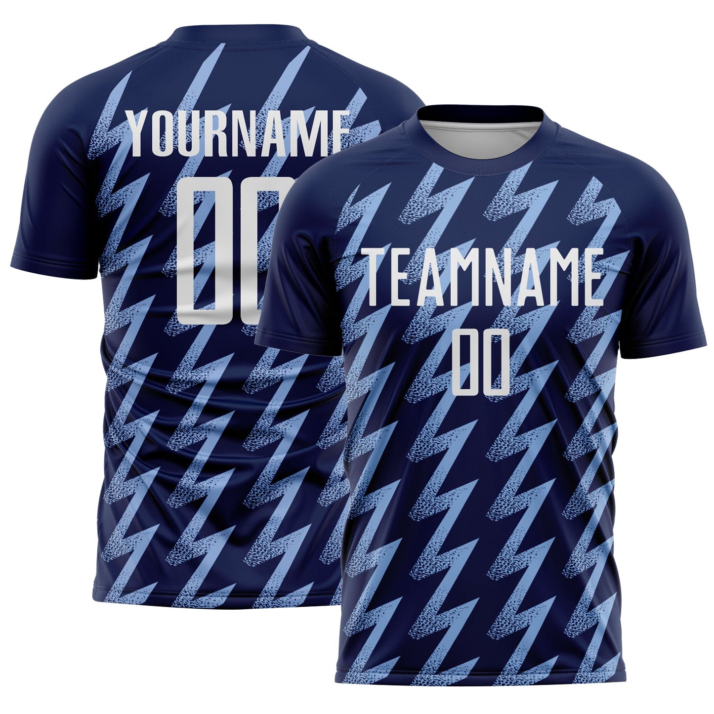Custom Navy White-Light Blue Zigzag Shape Sublimation Soccer Uniform Jersey - Main View