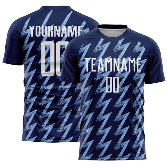 Custom Navy White-Light Blue Zigzag Shape Sublimation Soccer Uniform Jersey - Main View