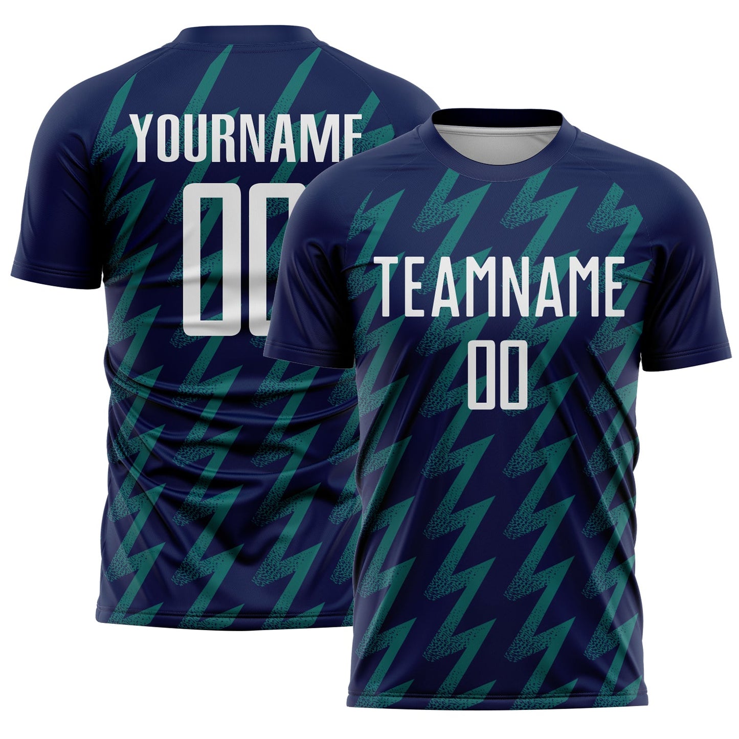 Custom Navy White-Teal Zigzag Shape Sublimation Soccer Uniform Jersey - Main View