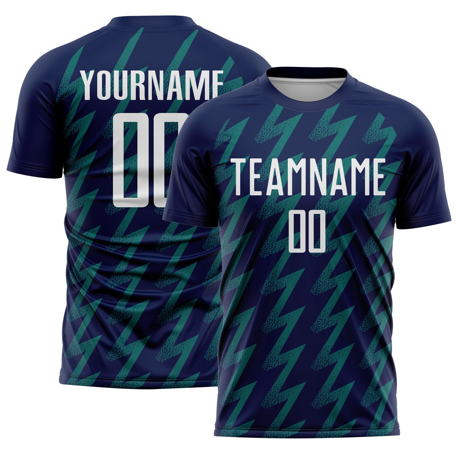 Custom Navy White-Teal Zigzag Shape Sublimation Soccer Uniform Jersey - Main View