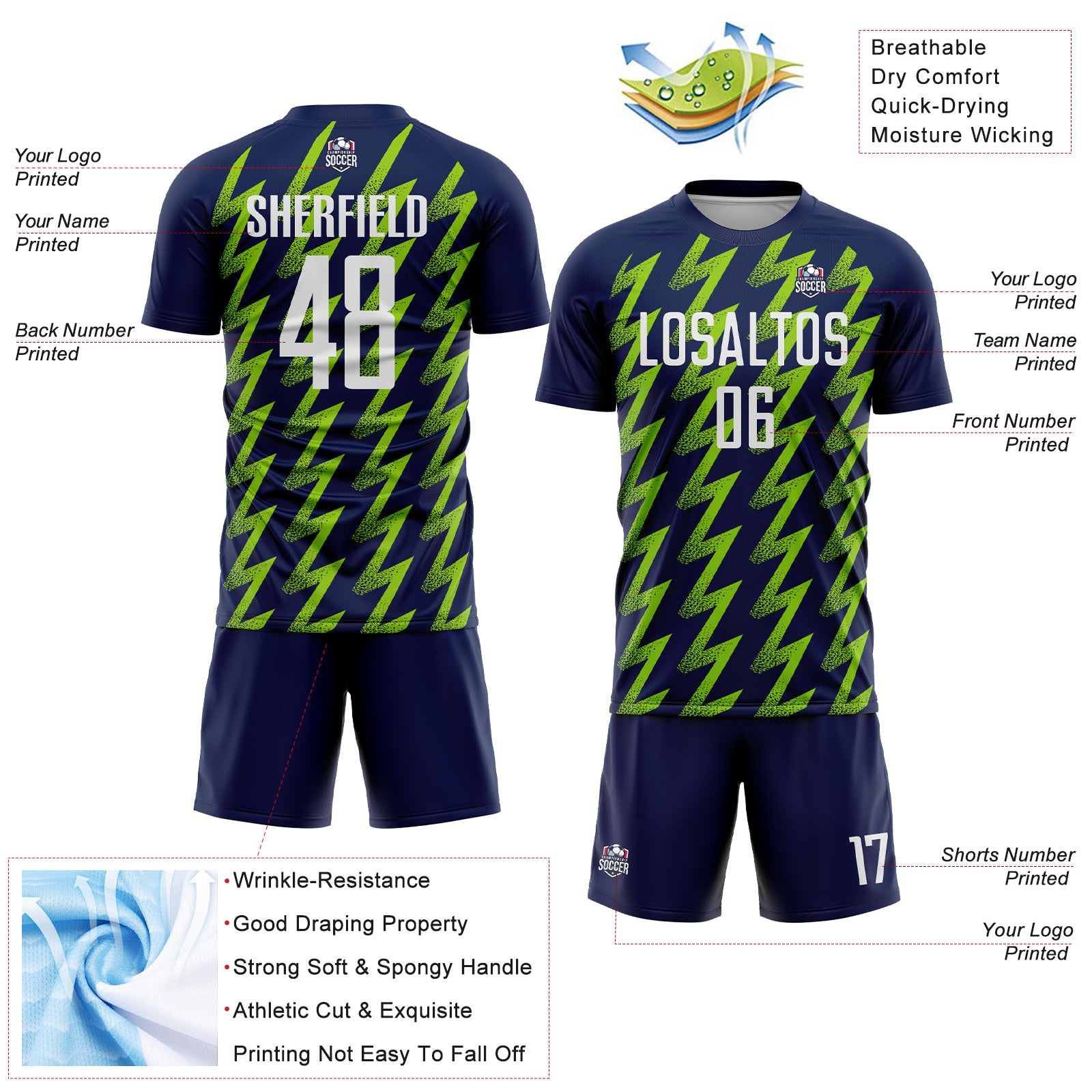 Custom Navy White-Neon Green Zigzag Shape Sublimation Soccer Uniform Jersey view 4