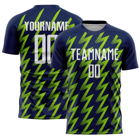 Custom Navy White-Neon Green Zigzag Shape Sublimation Soccer Uniform Jersey - Main View