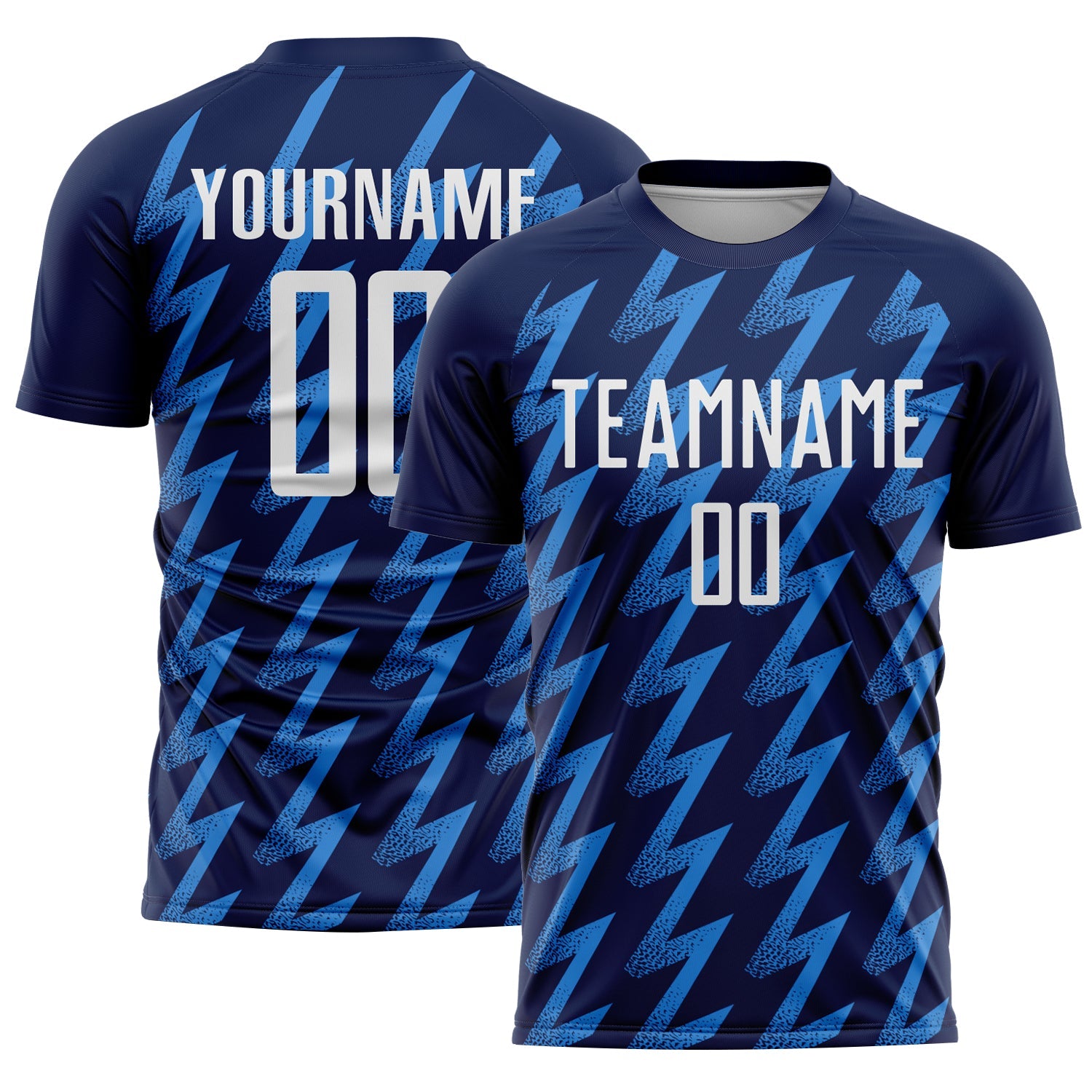 Custom Navy White-Powder Blue Zigzag Shape Sublimation Soccer Uniform Jersey - Main View