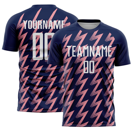Custom Navy White-Medium Pink Zigzag Shape Sublimation Soccer Uniform Jersey - Main View
