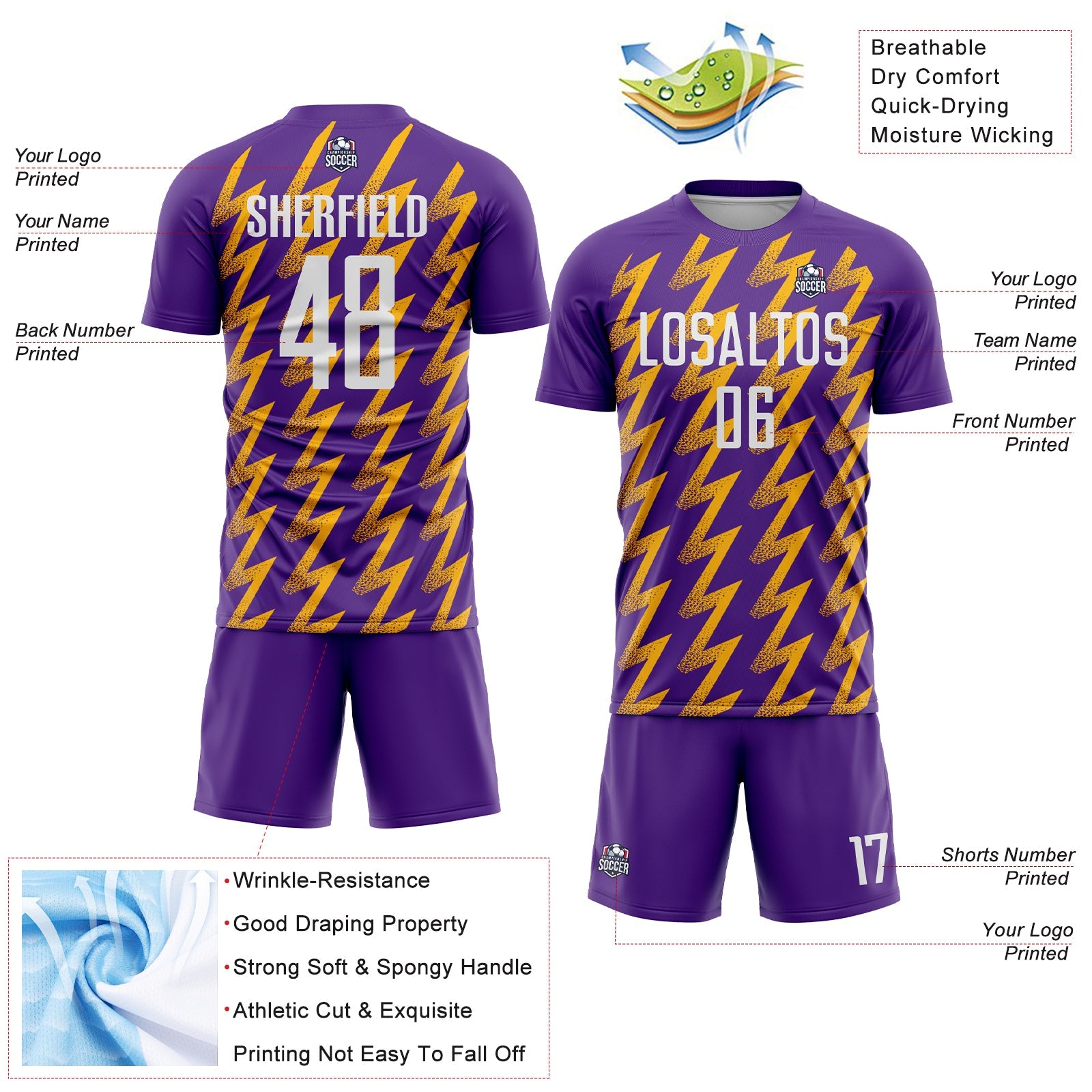 Custom Purple White-Gold Zigzag Shape Sublimation Soccer Uniform Jersey view 4