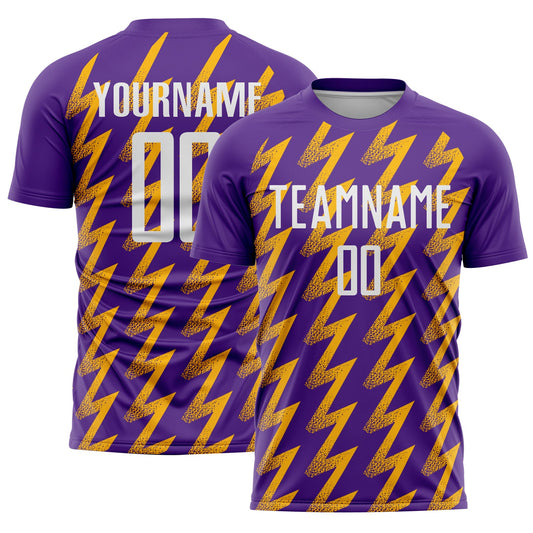 Custom Purple White-Gold Zigzag Shape Sublimation Soccer Uniform Jersey - Main View