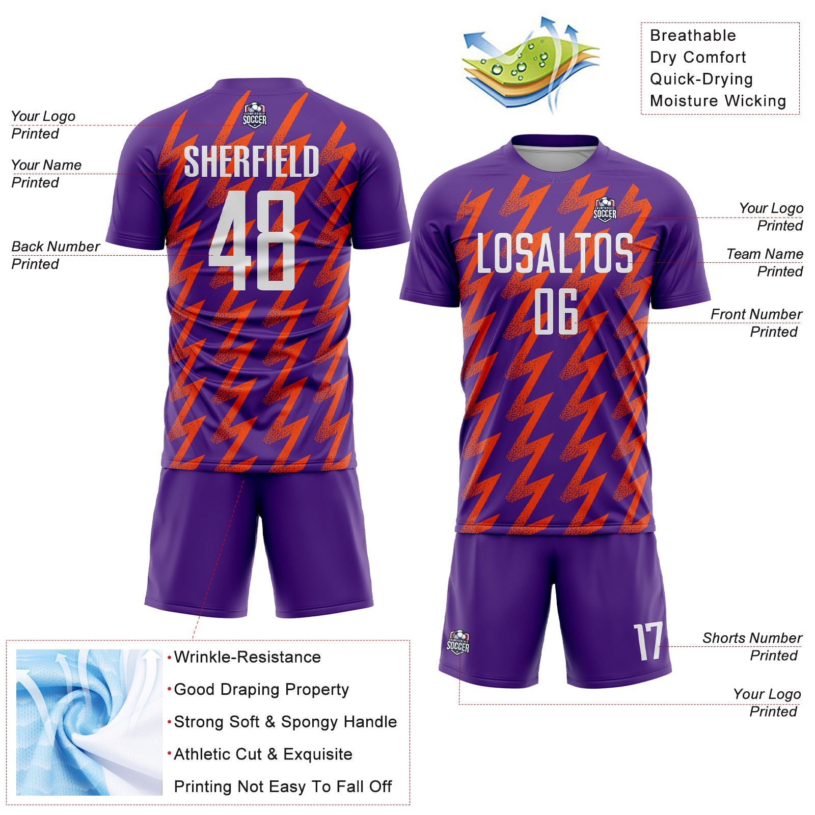 Custom Purple White-Orange Zigzag Shape Sublimation Soccer Uniform Jersey view 4