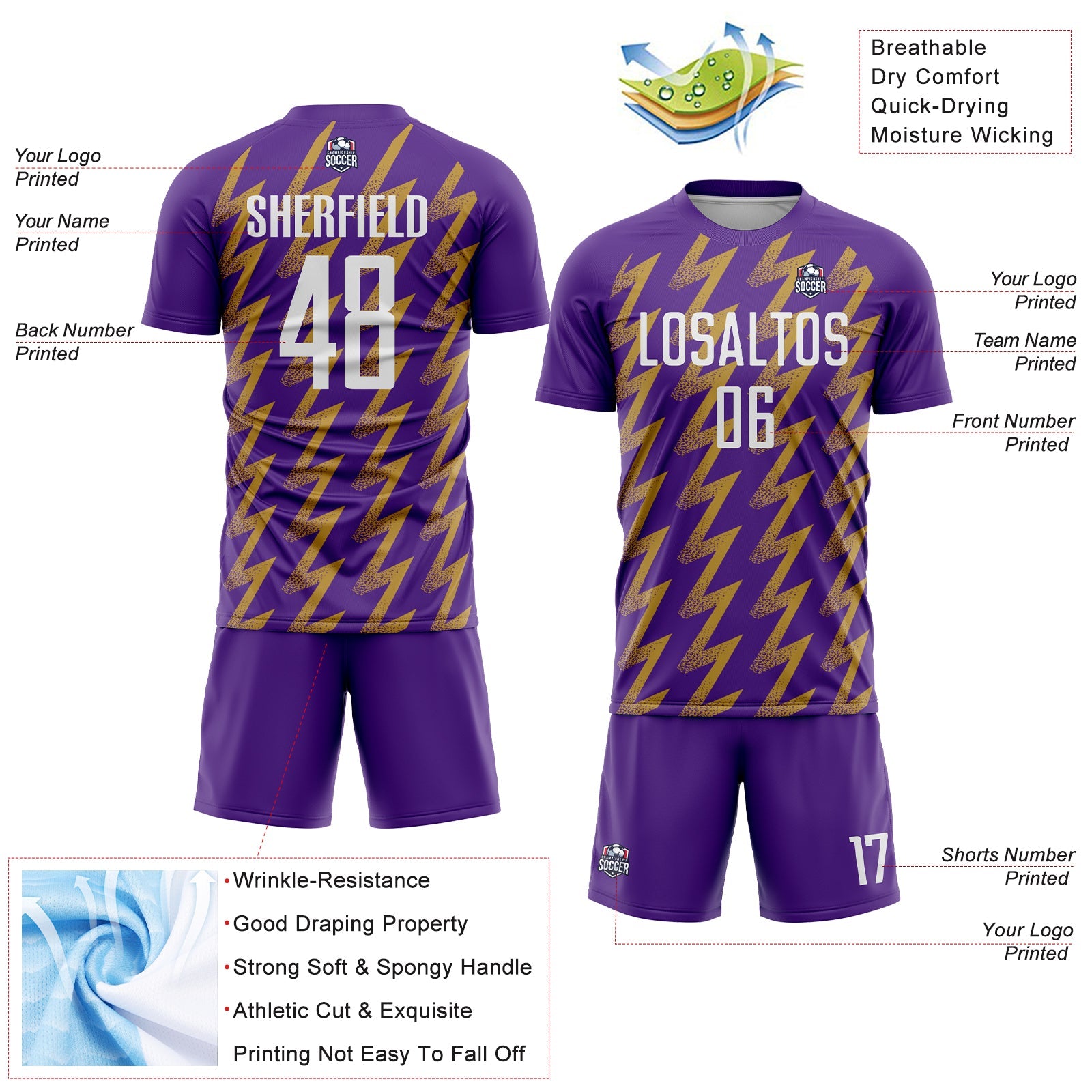 Custom Purple White-Old Gold Zigzag Shape Sublimation Soccer Uniform Jersey view 4