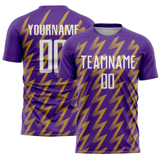 Custom Purple White-Old Gold Zigzag Shape Sublimation Soccer Uniform Jersey - Main View