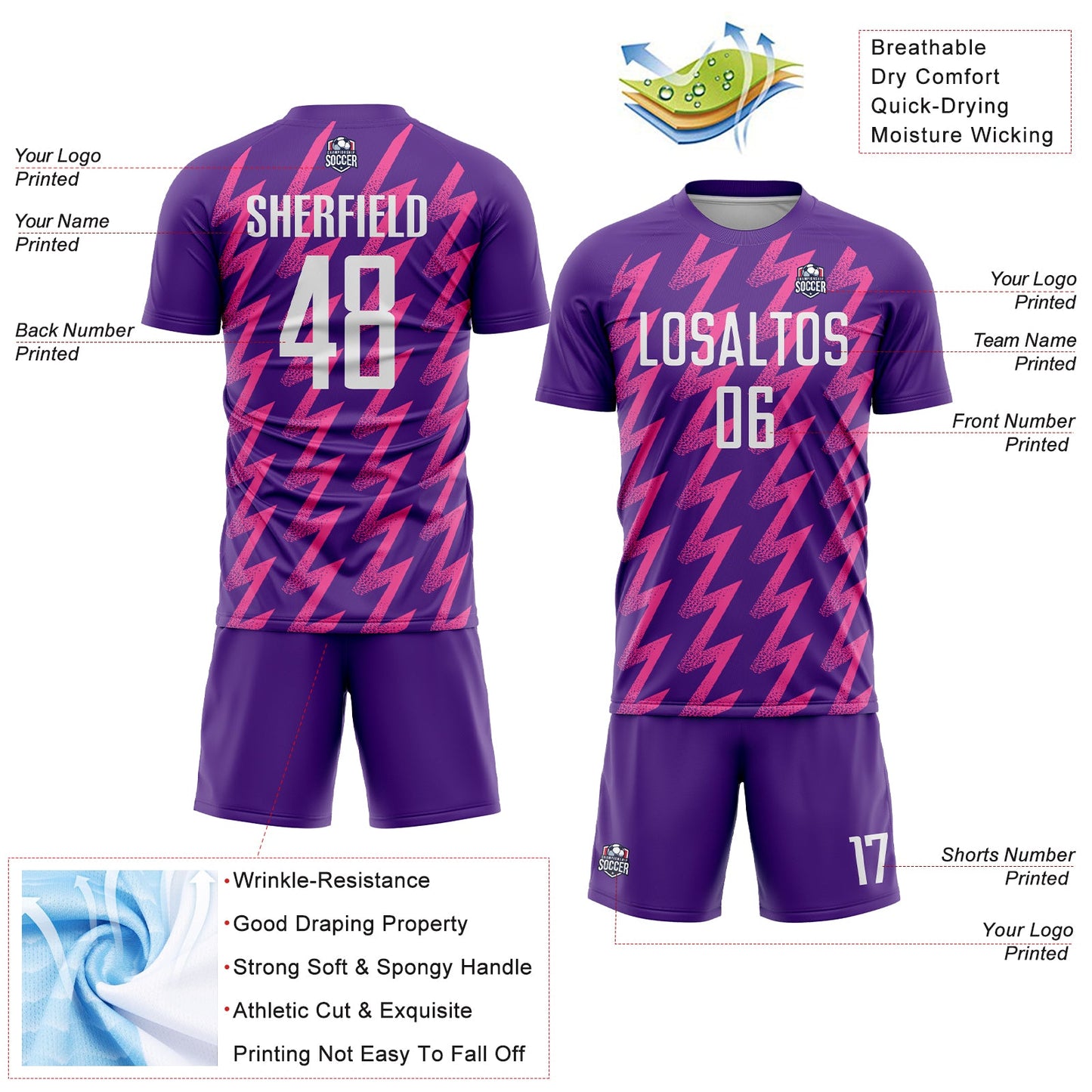 Custom Purple White-Pink Zigzag Shape Sublimation Soccer Uniform Jersey view 4