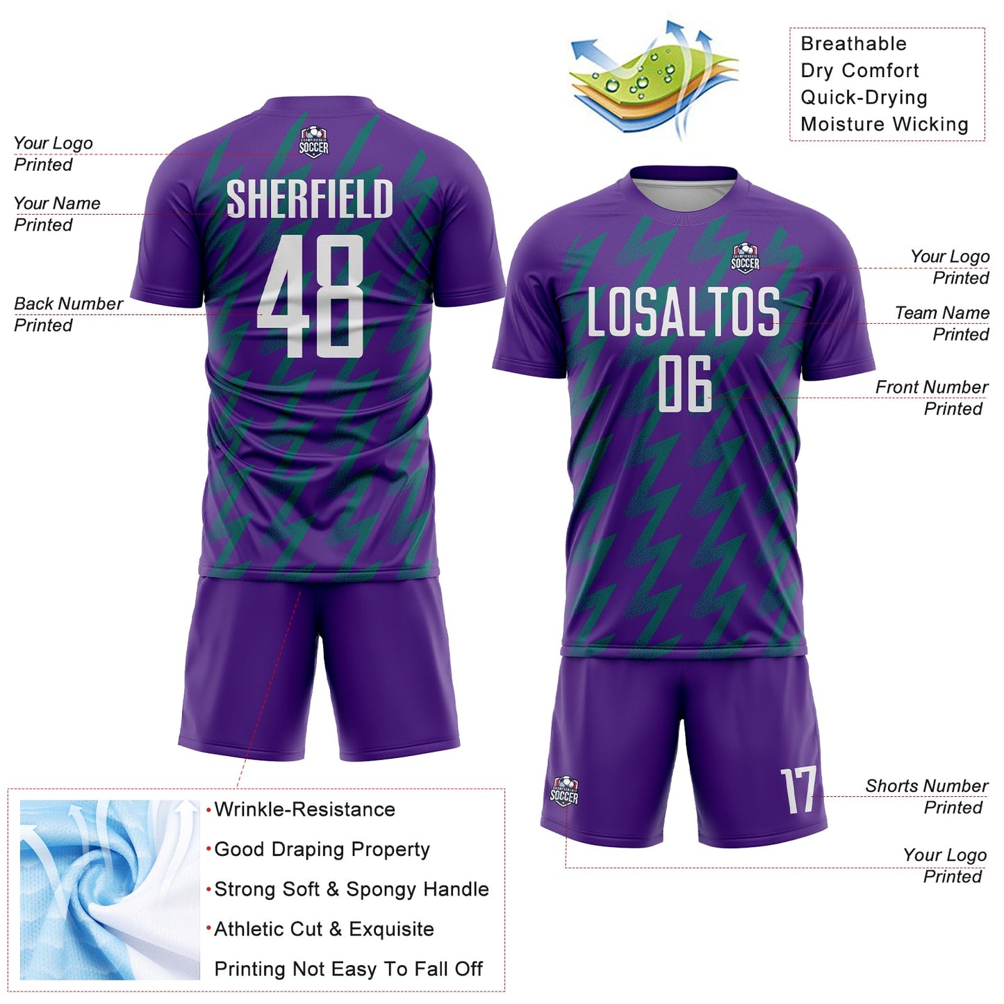 Custom Purple White-Teal Zigzag Shape Sublimation Soccer Uniform Jersey view 4