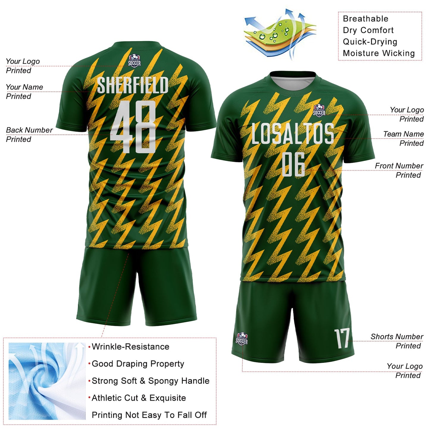 Custom Green White-Gold Zigzag Shape Sublimation Soccer Uniform Jersey view 4