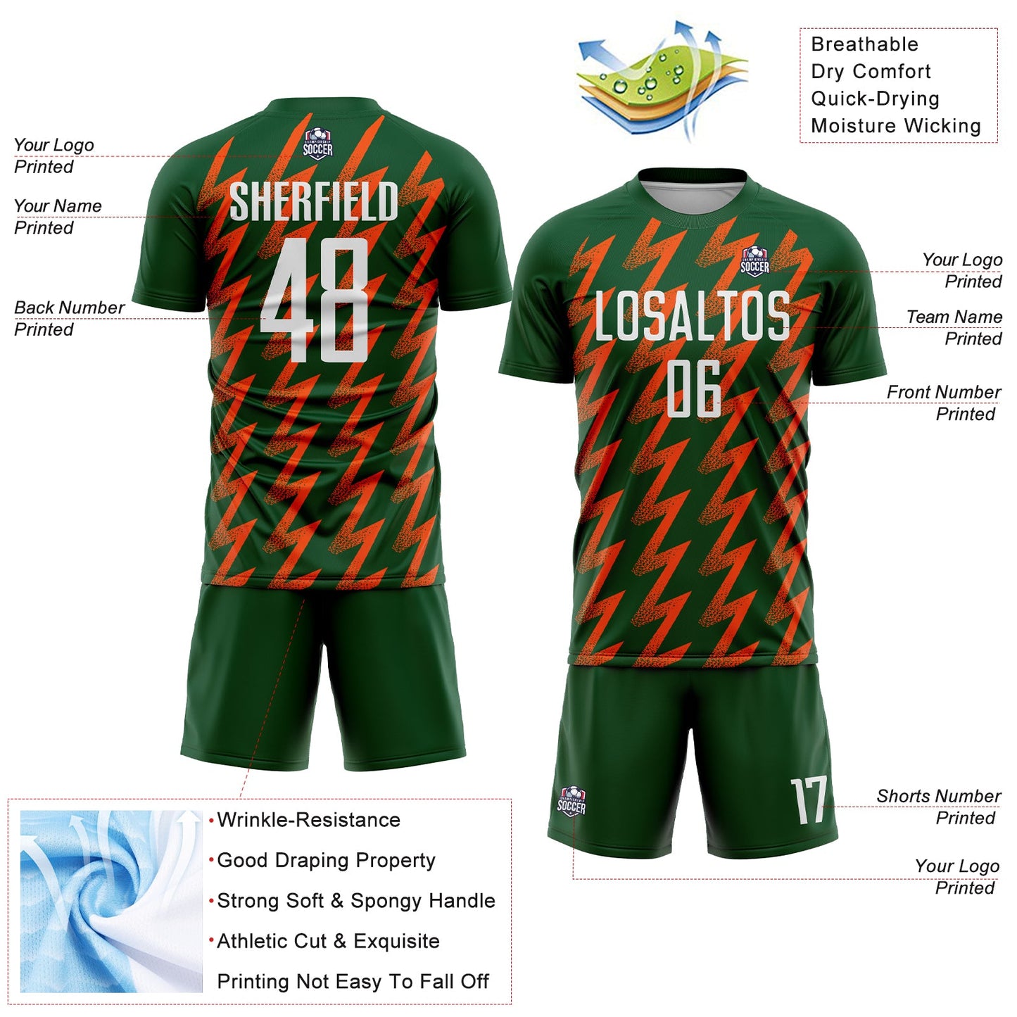 Custom Green White-Orange Zigzag Shape Sublimation Soccer Uniform Jersey view 4