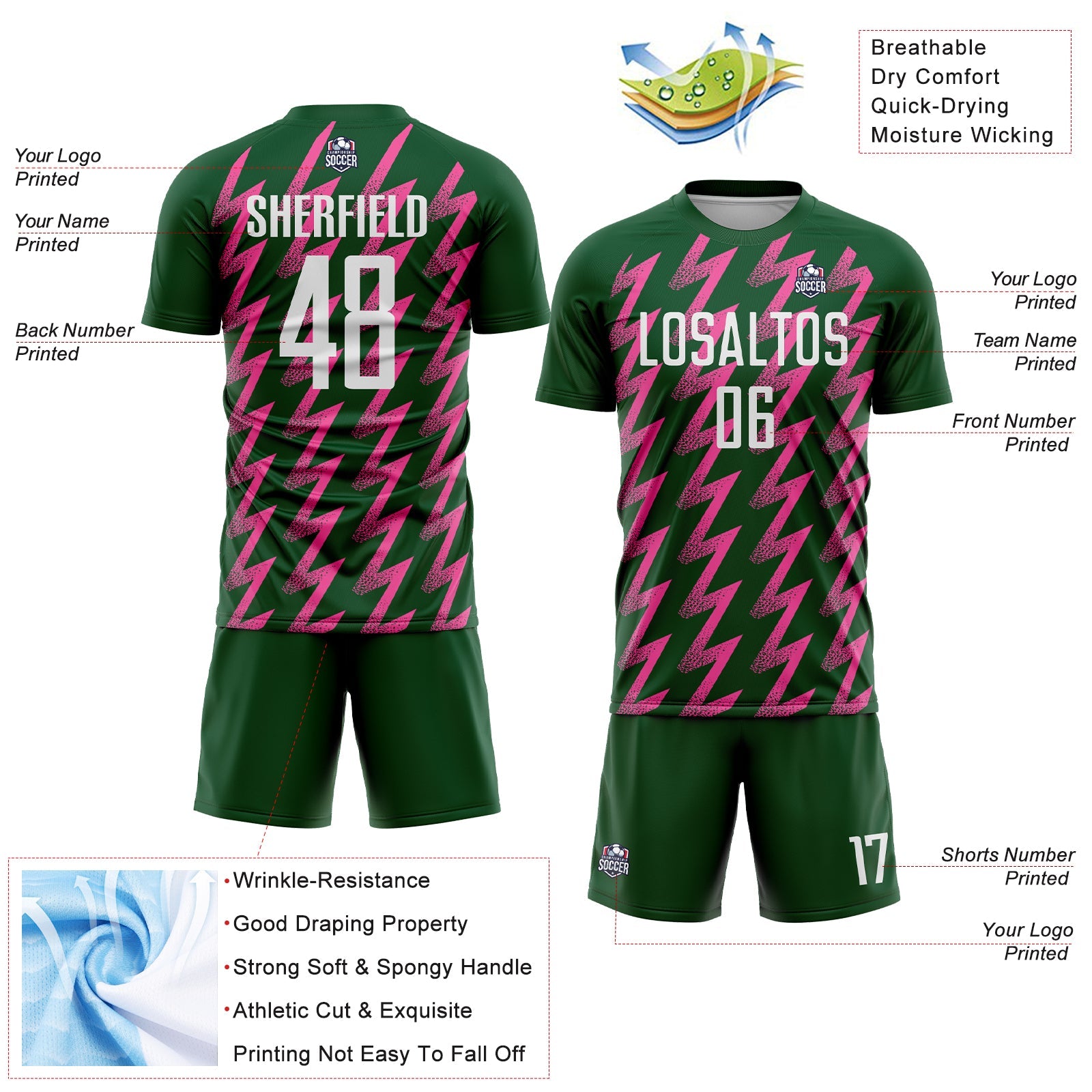 Custom Green White-Pink Zigzag Shape Sublimation Soccer Uniform Jersey view 4