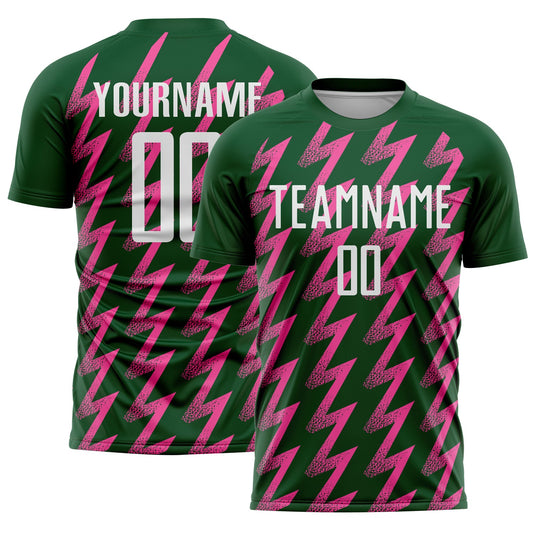 Custom Green White-Pink Zigzag Shape Sublimation Soccer Uniform Jersey - Main View