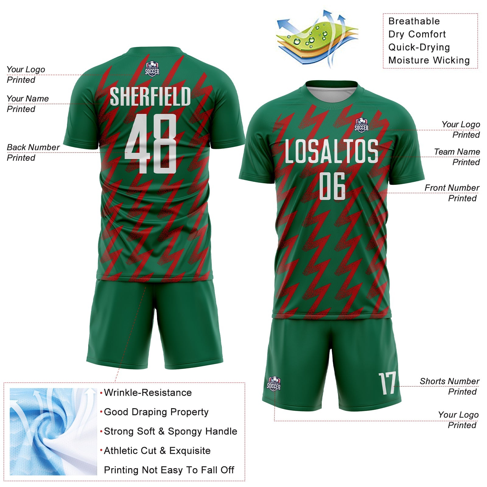 Custom Kelly Green White-Red Zigzag Shape Sublimation Soccer Uniform Jersey view 4