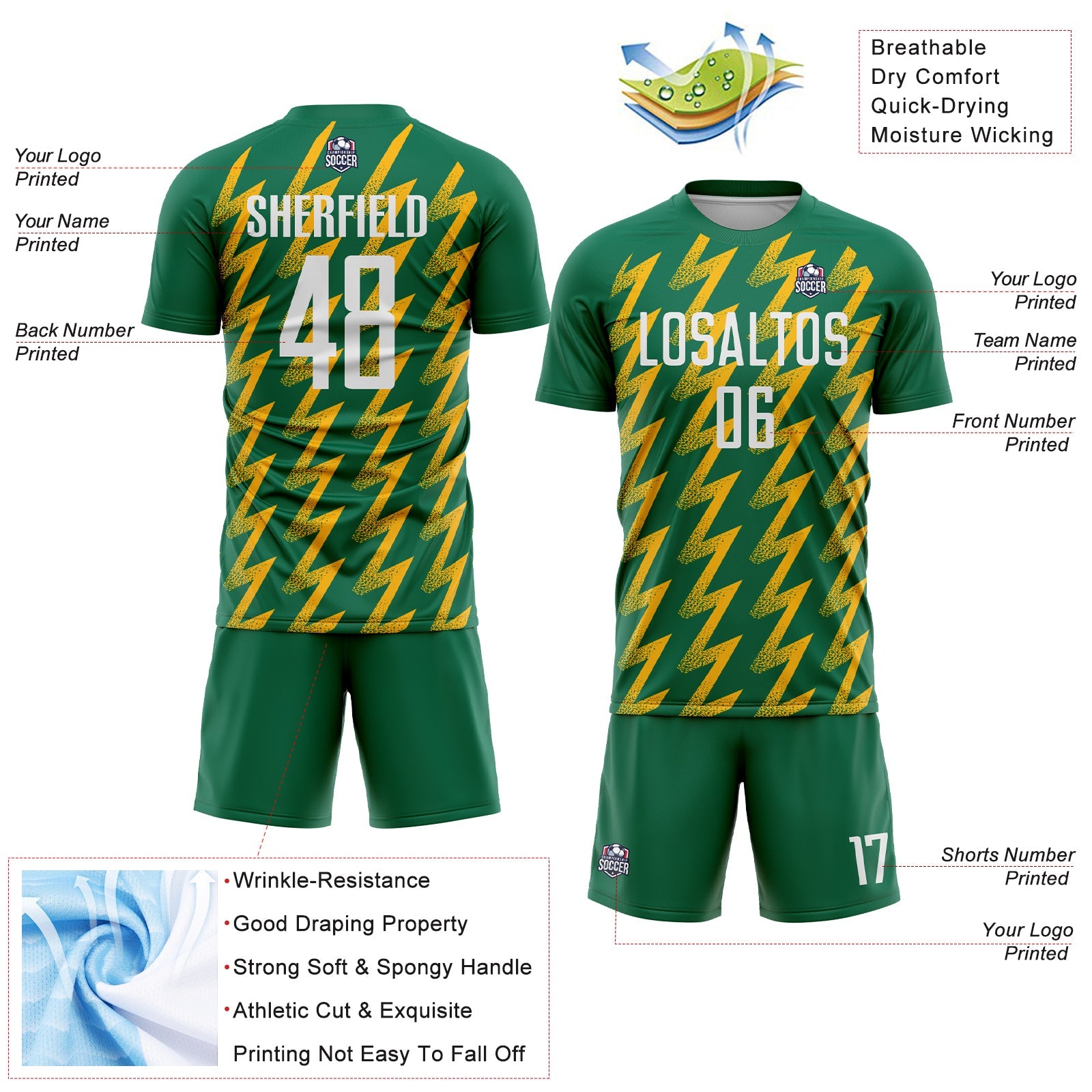 Custom Kelly Green White-Gold Zigzag Shape Sublimation Soccer Uniform Jersey view 4