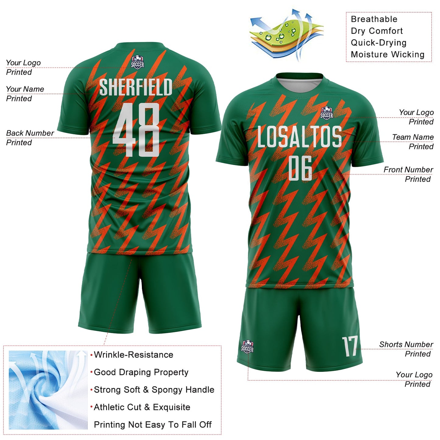 Custom Kelly Green White-Orange Zigzag Shape Sublimation Soccer Uniform Jersey view 4