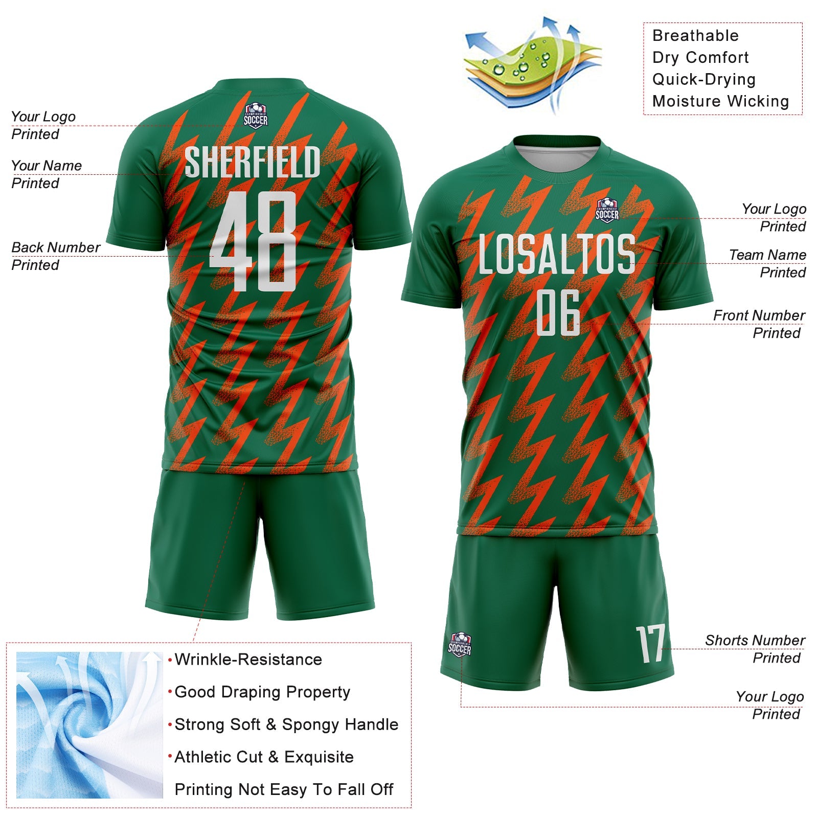 Custom Kelly Green White-Orange Zigzag Shape Sublimation Soccer Uniform Jersey view 4