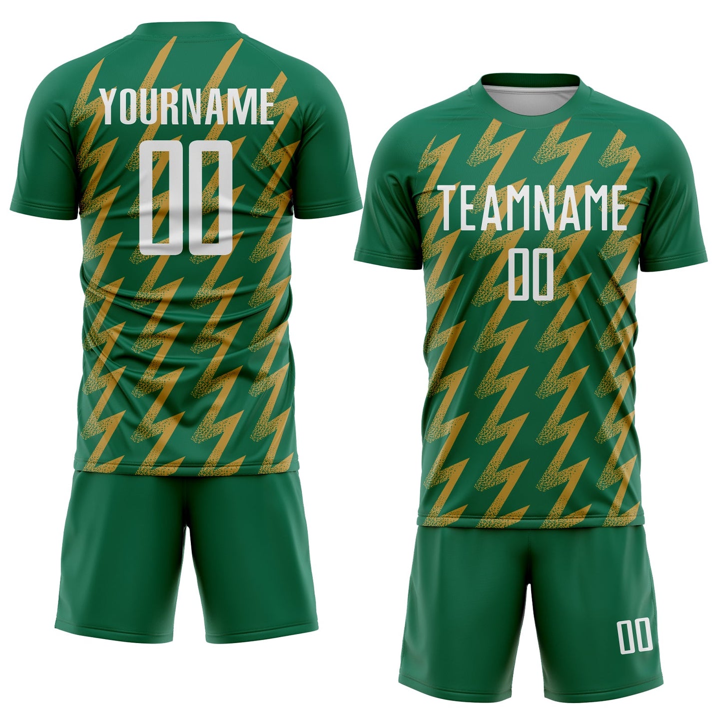 Custom Kelly Green White-Old Gold Zigzag Shape Sublimation Soccer Uniform Jersey view 2