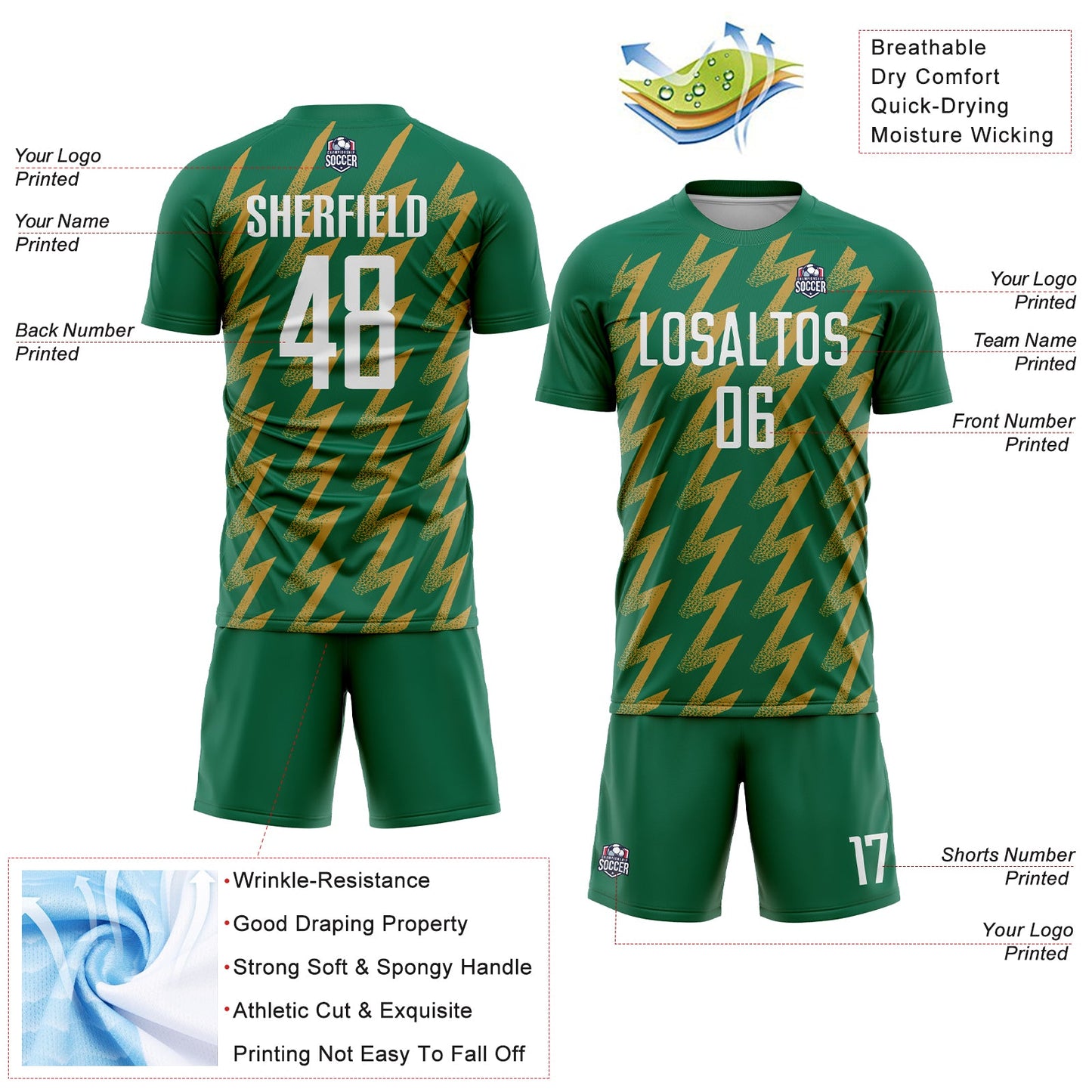 Custom Kelly Green White-Old Gold Zigzag Shape Sublimation Soccer Uniform Jersey view 4