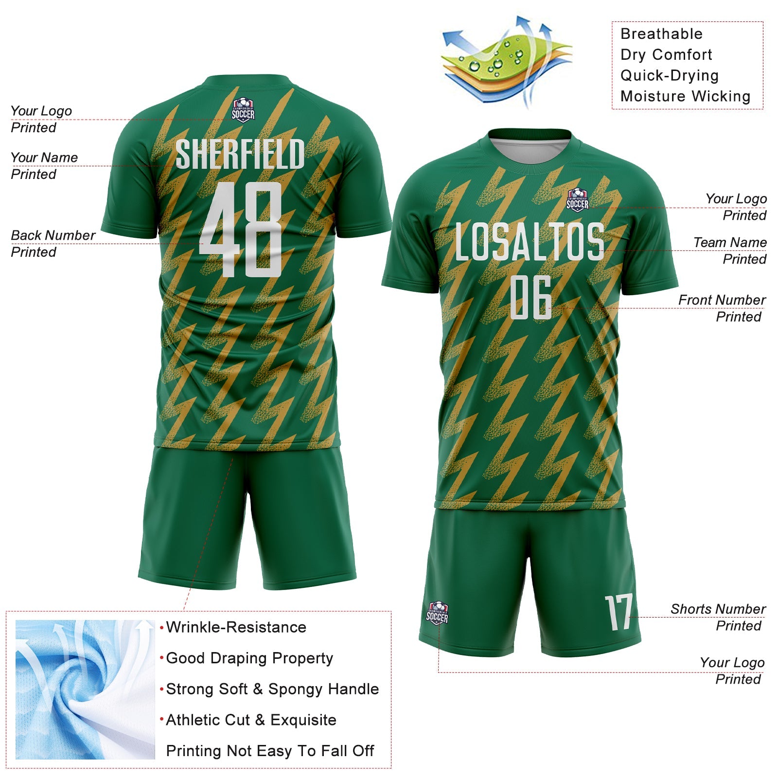 Custom Kelly Green White-Old Gold Zigzag Shape Sublimation Soccer Uniform Jersey view 4