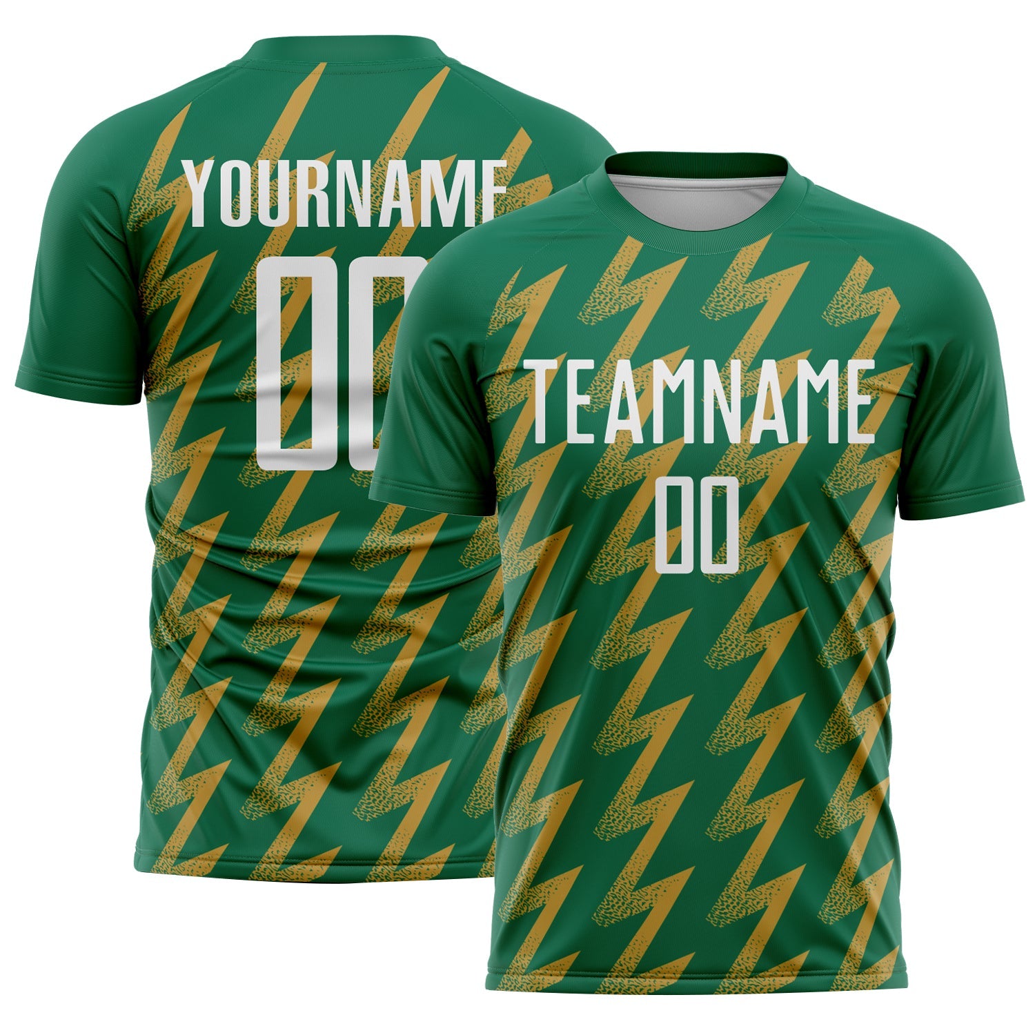 Custom Kelly Green White-Old Gold Zigzag Shape Sublimation Soccer Uniform Jersey - Main View