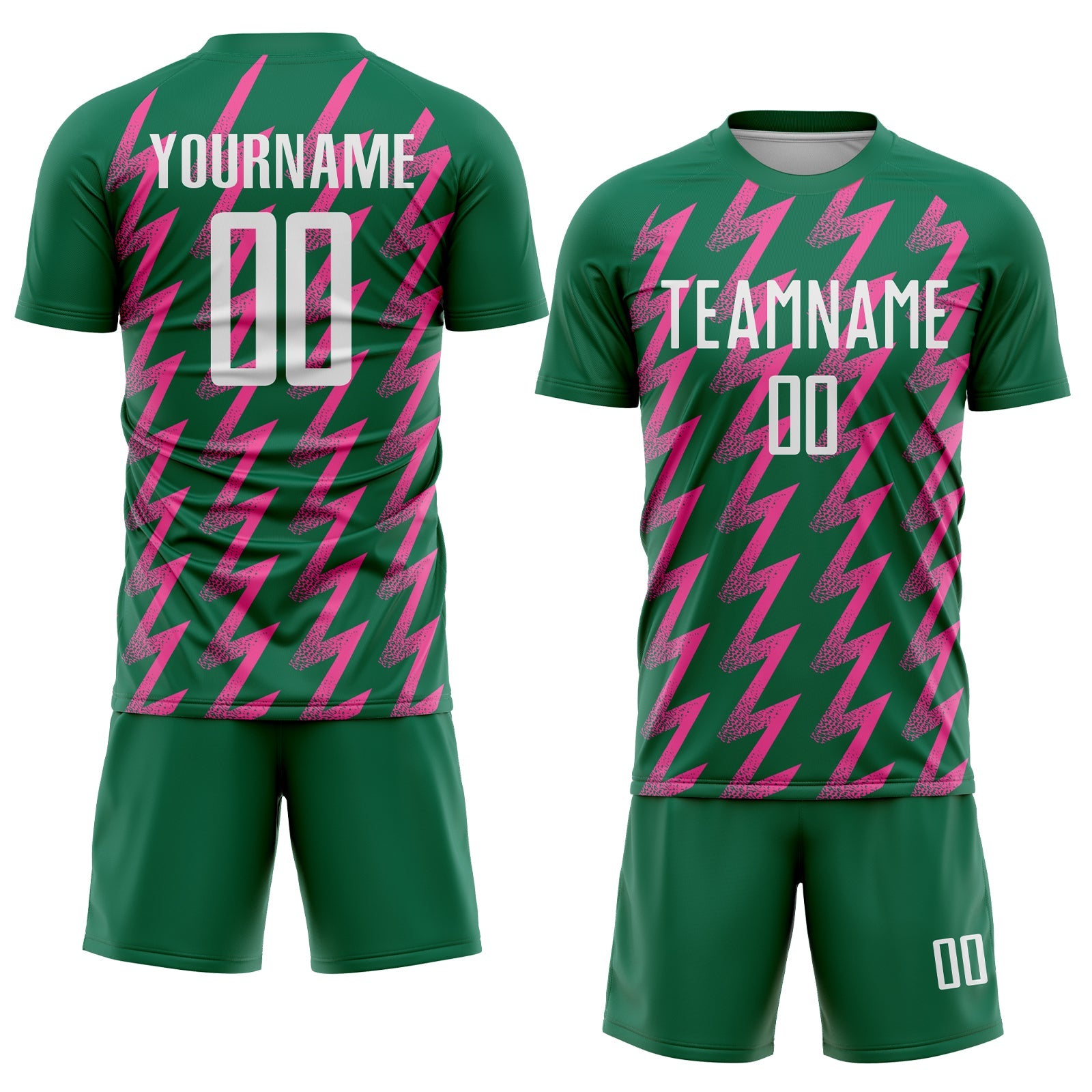 Custom Kelly Green White-Pink Zigzag Shape Sublimation Soccer Uniform Jersey view 2