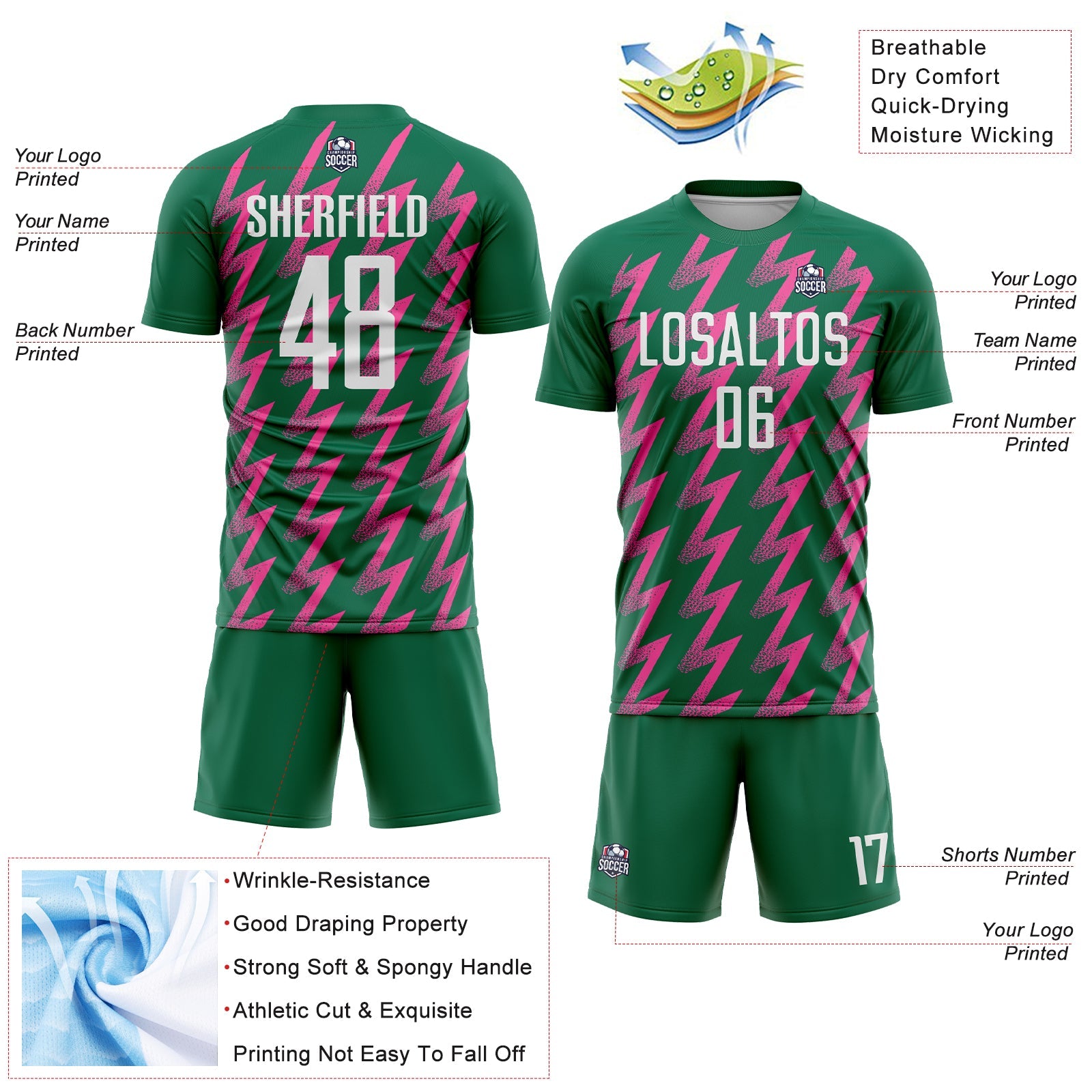 Custom Kelly Green White-Pink Zigzag Shape Sublimation Soccer Uniform Jersey view 4