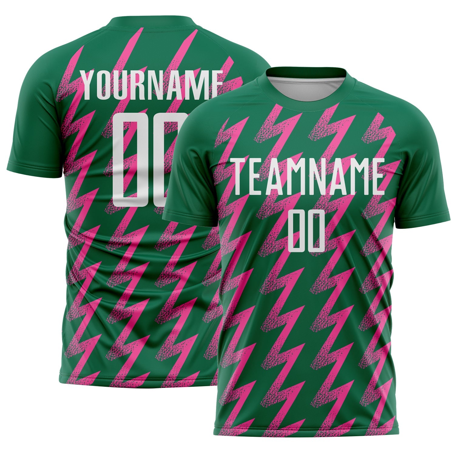 Custom Kelly Green White-Pink Zigzag Shape Sublimation Soccer Uniform Jersey - Main View
