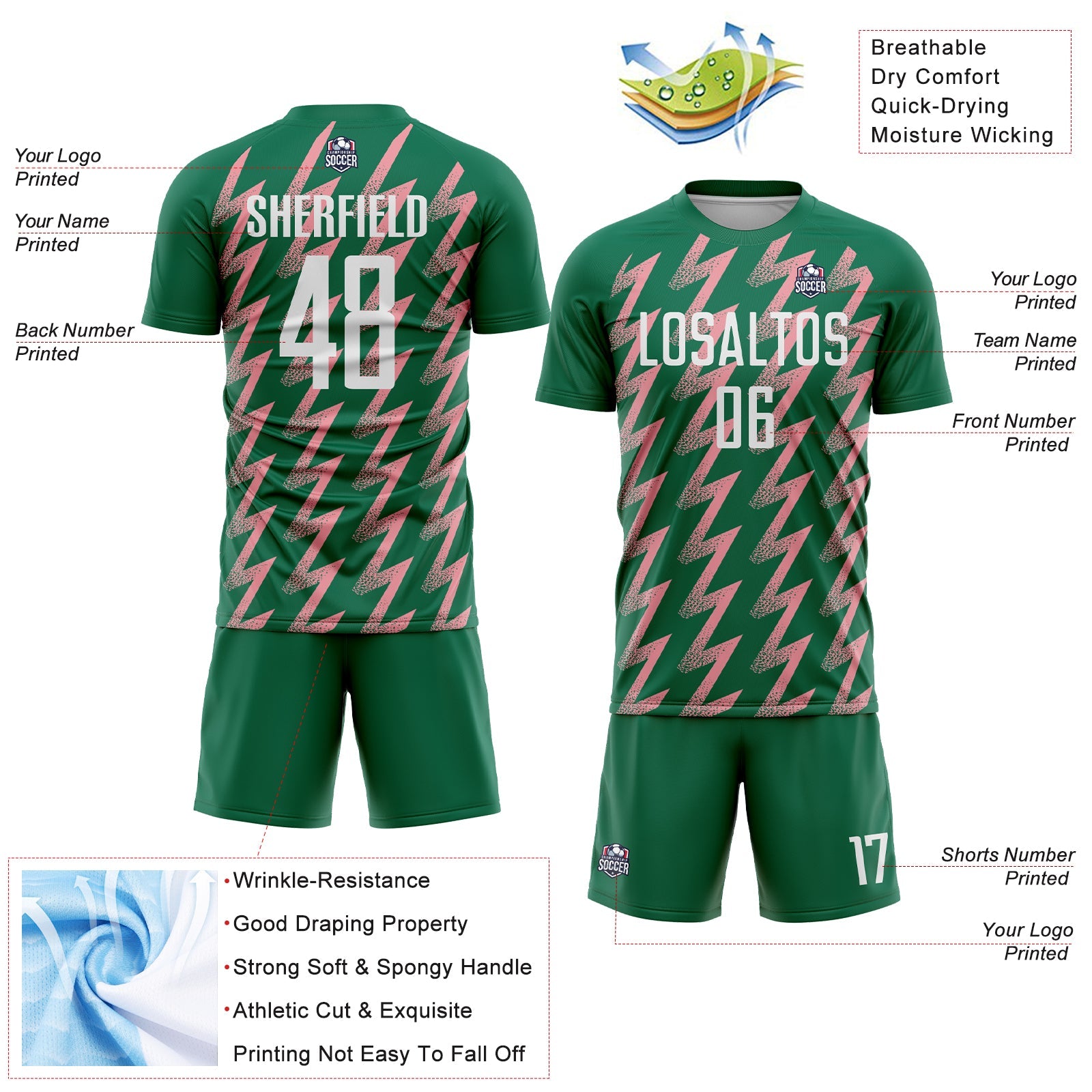 Custom Kelly Green White-Medium Pink Zigzag Shape Sublimation Soccer Uniform Jersey view 4