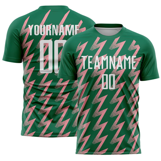 Custom Kelly Green White-Medium Pink Zigzag Shape Sublimation Soccer Uniform Jersey - Main View