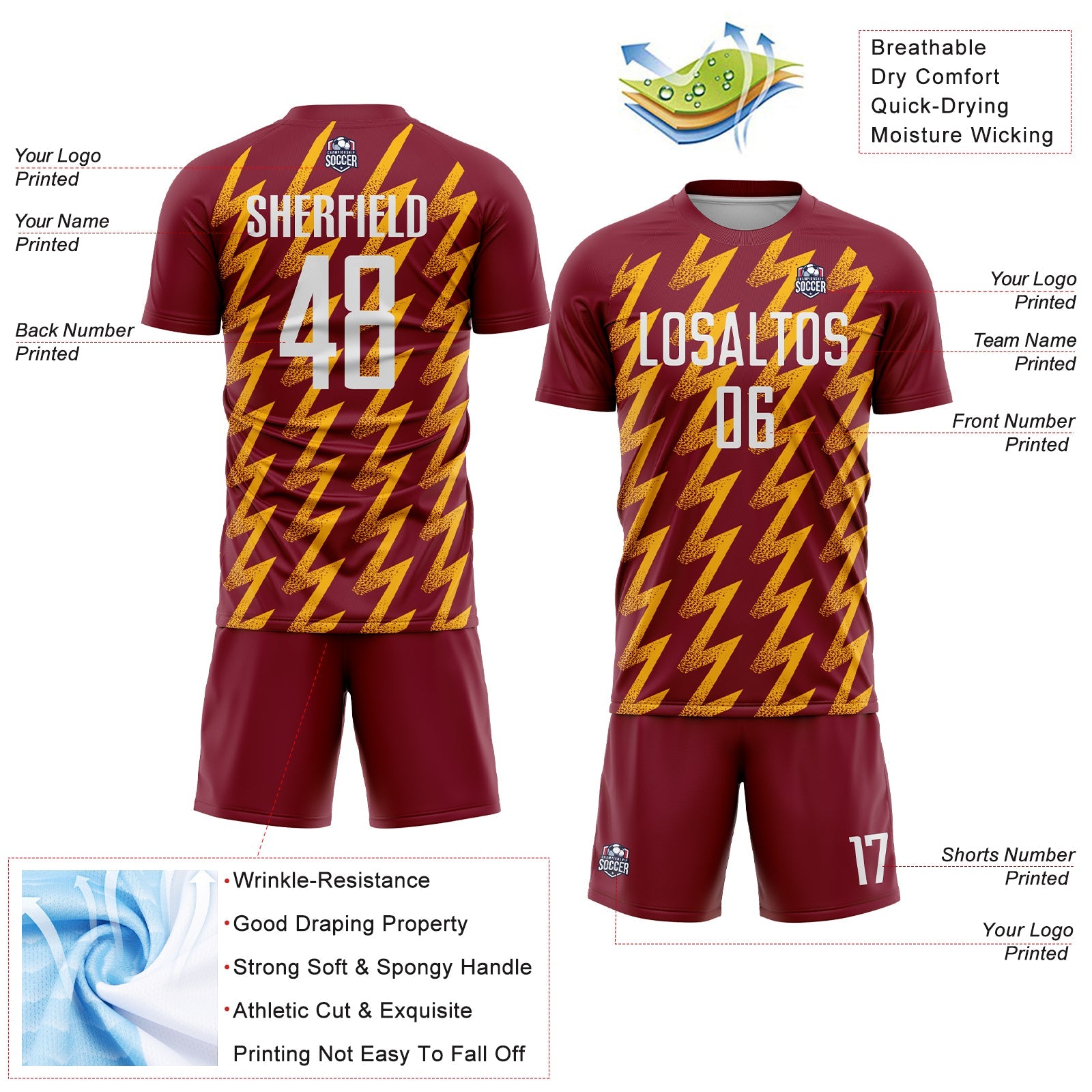 Custom Crimson White-Gold Zigzag Shape Sublimation Soccer Uniform Jersey view 4