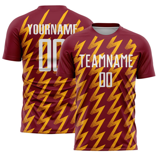 Custom Crimson White-Gold Zigzag Shape Sublimation Soccer Uniform Jersey - Main View