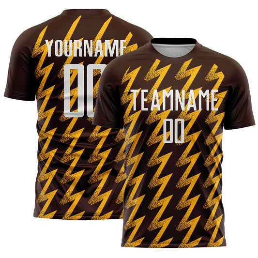 Custom Brown White-Gold Zigzag Shape Sublimation Soccer Uniform Jersey - Main View