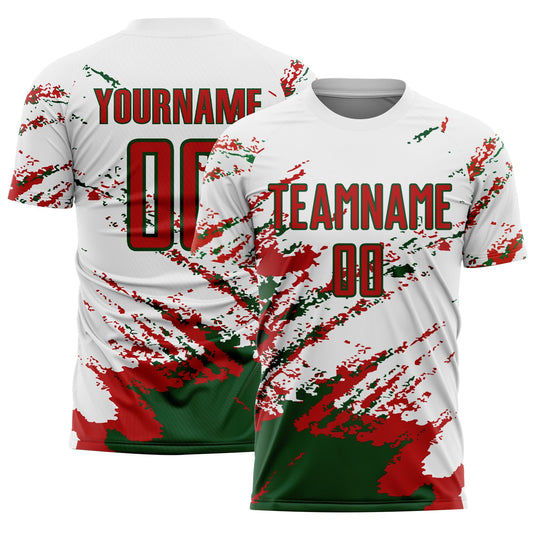 Custom White Red-Green Abstract Fragment Art Splash Sublimation Soccer Uniform Jersey - Main View
