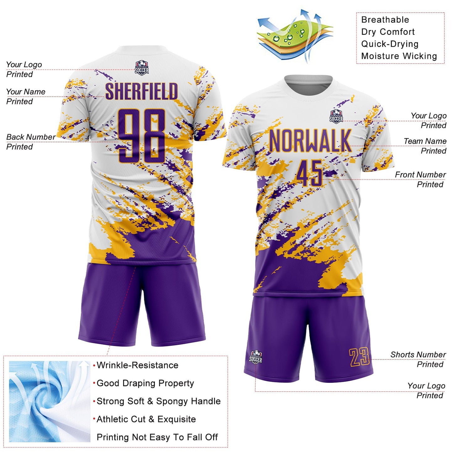 Custom White Purple-Gold Abstract Fragment Art Splash Sublimation Soccer Uniform Jersey view 4