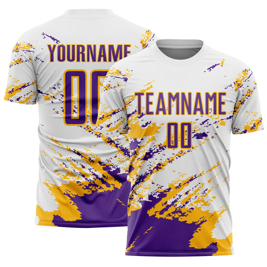 Custom White Purple-Gold Abstract Fragment Art Splash Sublimation Soccer Uniform Jersey - Main View