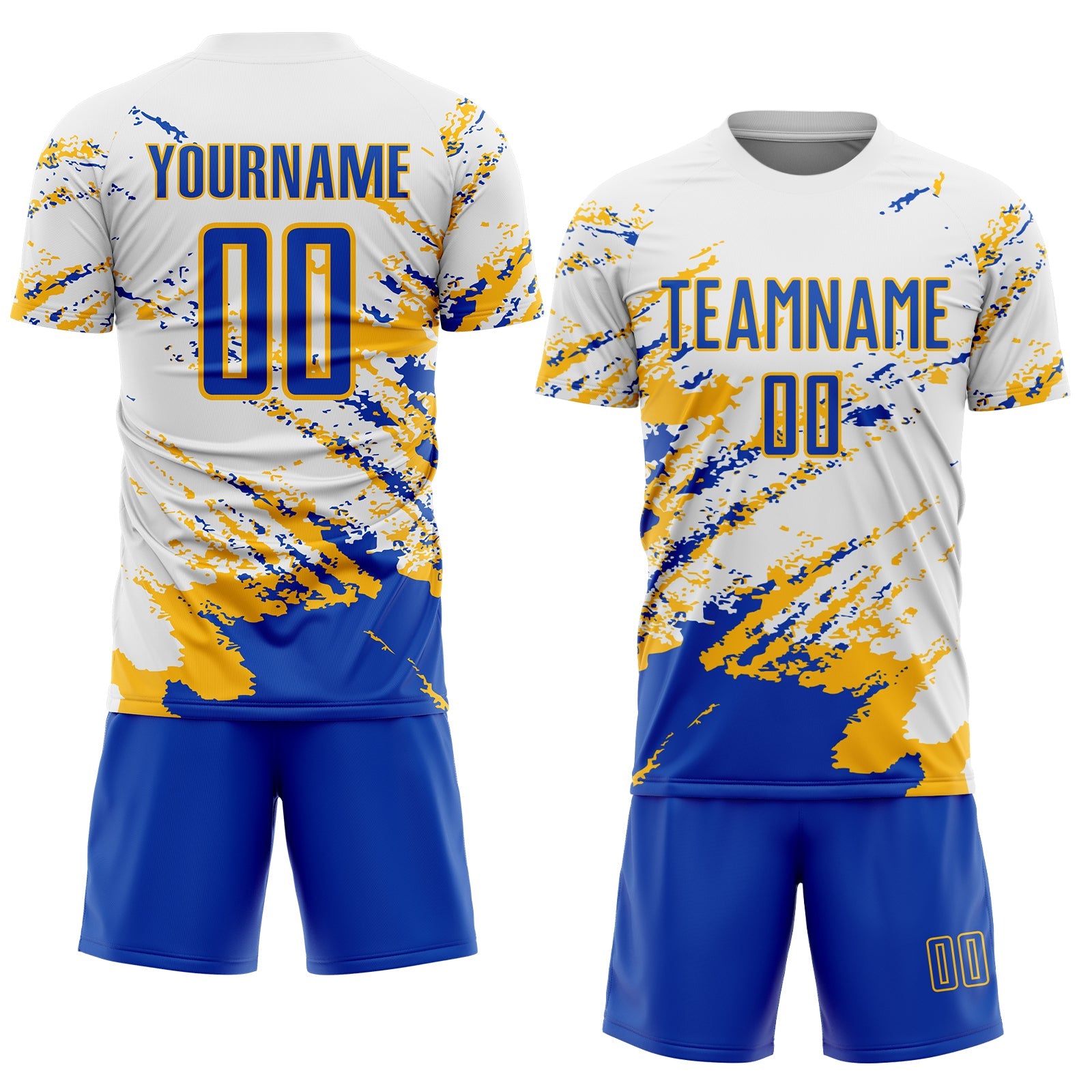 Custom White Thunder Blue-Gold Abstract Fragment Art Splash Sublimation Soccer Uniform Jersey view 2